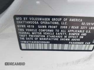 2016 Volkswagen Passat S with VIN 1VWAT7A3XGC036460, listed as a IAAI auction lot 42466059 with 91,672 mi miles and . Bid and sale history available at DreamBid. Image 9.