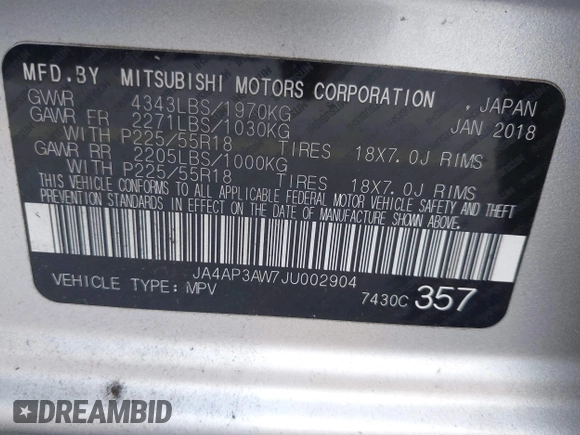 2018 Mitsubishi Outlander SE with VIN JA4AP3AW7JU002904, listed as a IAAI auction lot 42308738 with 65,259 mi miles and . Bid and sale history available at DreamBid. Image 9.