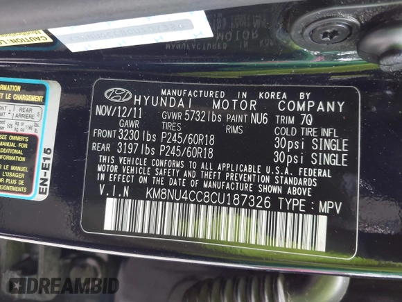 2012 Hyundai Veracruz Limited with VIN KM8NU4CC8CU187326, listed as a IAAI auction lot 42309747 with 180,000 mi miles and . Bid and sale history available at DreamBid. Image 9.