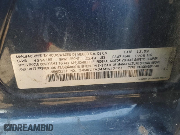 2010 Volkswagen Jetta S z VIN 3VWKZ7AJ4AM647401, wystawiony jako Copart lot #63454595 z przebiegiem 207 145 mil mil oraz Szkoda całkowita • Salvage title. Historia ofert i sprzedaży dostępna na DreamBid. Obrazek 12.