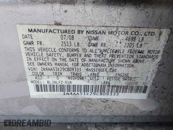 2009 Nissan Maxima S с VIN 1N4AA51E29C809333, выставлен на аукционе IAAI как лот 42369494 с пробегом 117 615 миль миль и . История ставок и продаж доступна на DreamBid. Изображение 9.