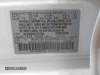 2020 Nissan Sentra SR z VIN 3N1AB8DV6LY241609, wystawiony jako IAAI lot #42255322 z przebiegiem 52 193 mil mil oraz . Historia ofert i sprzedaży dostępna na DreamBid. Obrazek 9.