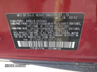 2012 Subaru Forester X Premium with VIN JF2SHADCXCH452766, listed as a IAAI auction lot 42524835 with 172,091 mi miles and . Bid and sale history available at DreamBid. Image 9.
