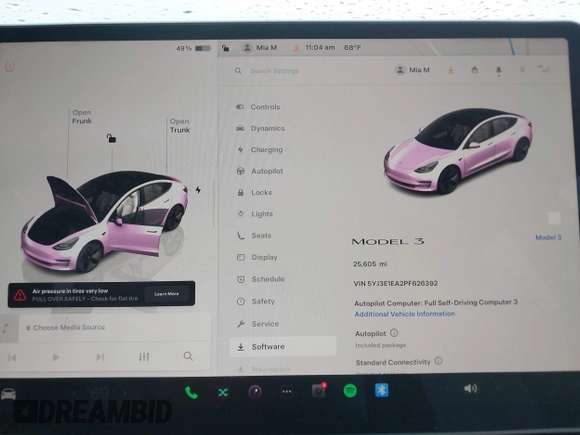2023 Tesla Model 3 with VIN 5YJ3E1EA2PF626392, listed as a IAAI auction lot 42288413 with 25,605 mi miles and . Bid and sale history available at DreamBid. Image 7.