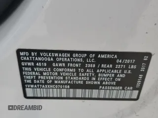 2017 Volkswagen Passat S with VIN 1VWAT7A3XHC070156, listed as a Copart auction lot 59596505 with 202,446 mi miles and Salvage title. Bid and sale history available at DreamBid. Image 12.