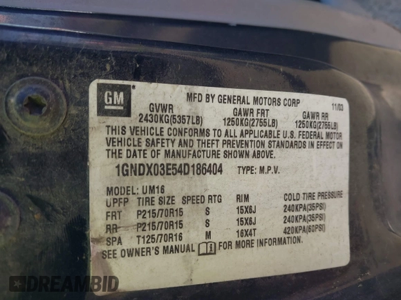 2004 Chevrolet Venture LS with VIN 1GNDX03E54D186404, listed as a IAAI auction lot 42090545 with 221,015 mi miles. Bid and sale history available at carsss.com. Image 9.