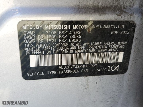 2023 Mitsubishi Mirage G4 SE with VIN ML32FVFJ3PHF02927, listed as a Copart auction lot 46159955 with 35,432 mi miles and Salvage Title. Bid and sale history available at carsss.com. Image 12.
