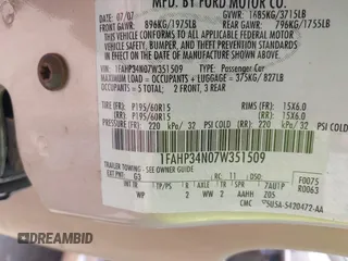 2007 Ford Focus S с VIN 1FAHP34N07W351509, выставлен на аукционе IAAI как лот 42438875 с пробегом 158 399 миль миль и . История ставок и продаж доступна на DreamBid. Изображение 9.