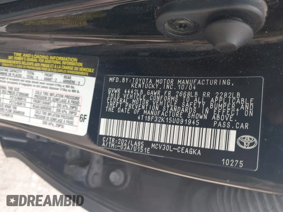 2005 Toyota Camry LE with VIN 4T1BF32K15U091945, listed as a IAAI auction lot 42124503 with 212,951 mi miles and . Bid and sale history available at DreamBid. Image 9.