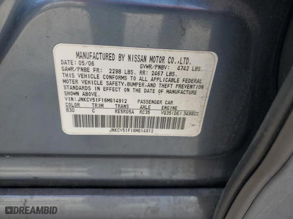 2006 Infiniti G35 Sedan with VIN JNKCV51F16M614912, listed as a Copart auction lot 52203735 with 202,814 mi miles and Salvage Title. Bid and sale history available at carsss.com. Image 13.