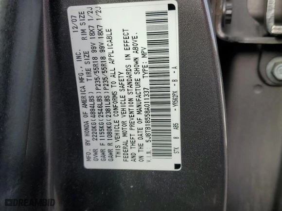 2008 Acura RDX Tech Pkg with VIN 5J8TB18558A011337, listed as a Copart auction lot 48501665 with 129,843 mi miles and Salvage Title. Bid and sale history available at carsss.com. Image 12.