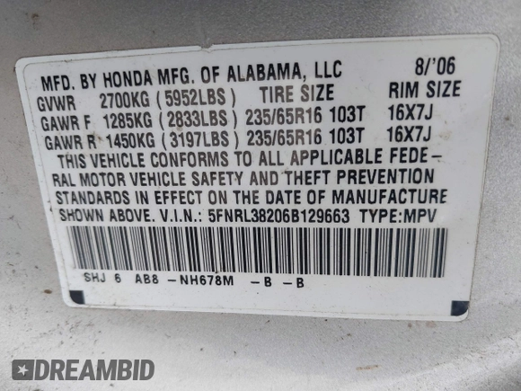 2006 Honda Odyssey LX with VIN 5FNRL38206B129663, listed as a IAAI auction lot 40978284 with 290,666 mi miles. Bid and sale history available at carsss.com. Image 9.
