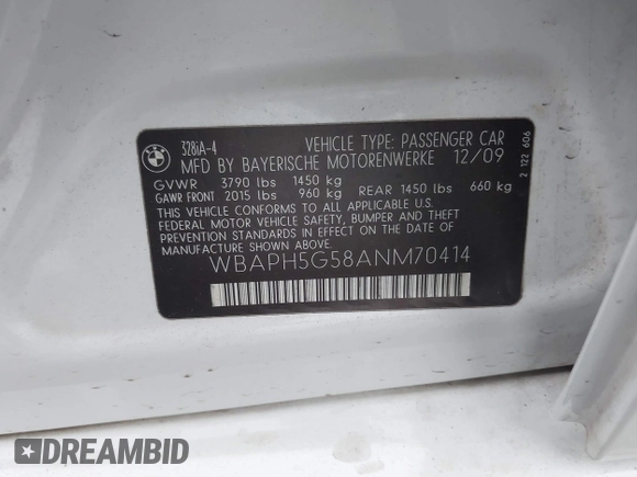 2010 BMW 3 Series 328i with VIN WBAPH5G58ANM70414, listed as a IAAI auction lot 42013374 with 146,647 mi miles and . Bid and sale history available at DreamBid. Image 9.