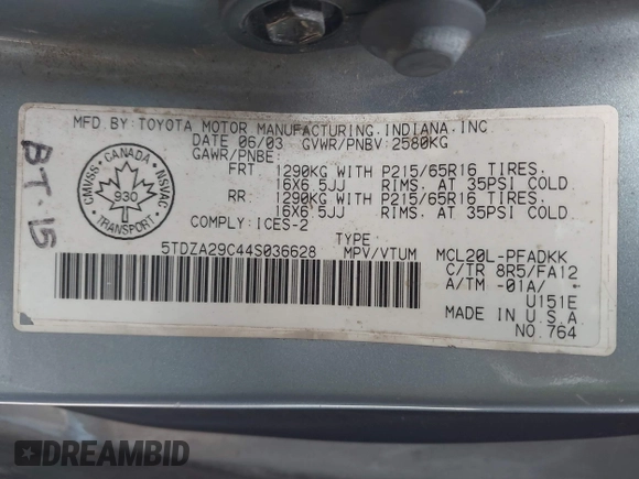 2004 Toyota Sienna with VIN 5TDZA29C44S036628, listed as a IAAI auction lot 41691034 with 389,982 mi miles and . Bid and sale history available at DreamBid. Image 9.