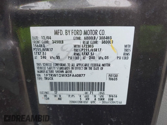 2005 Ford F-150 XLT с VIN 1FTRW12WX5FA40877, выставлен на аукционе IAAI как лот 41760089 с пробегом 182 419 миль миль и . История ставок и продаж доступна на DreamBid. Изображение 9.