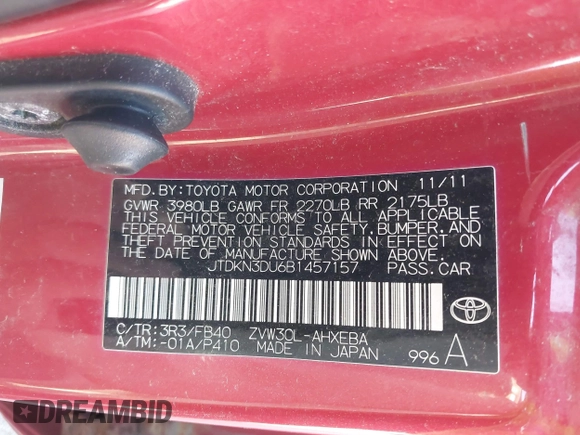 2011 Toyota Prius I with VIN JTDKN3DU6B1457157, listed as a IAAI auction lot 42175801 with 237,365 mi miles. Bid and sale history available at carsss.com. Image 9.