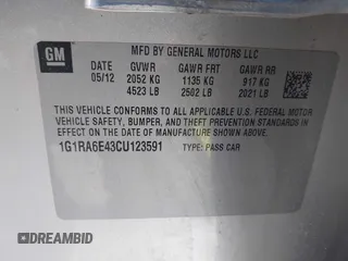 2012 Chevrolet Volt with VIN 1G1RA6E43CU123591, listed as a IAAI auction lot 41596161 with 214,080 mi miles and . Bid and sale history available at carsss.com. Image 9.