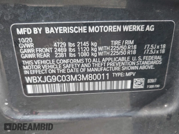 2021 BMW X1 xDrive28i with VIN WBXJG9C03M3M80011, listed as a IAAI auction lot 42137781 with 132,969 mi miles. Bid and sale history available at carsss.com. Image 9.