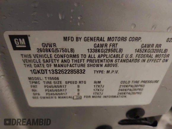 2006 GMC Envoy SLT with VIN 1GKDT13S262285832, listed as a IAAI auction lot 41794016 with 177,814 mi miles and . Bid and sale history available at DreamBid. Image 9.