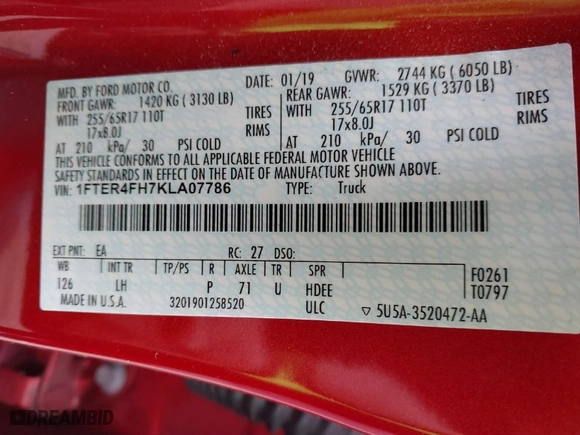 2019 Ford Ranger XL with VIN 1FTER4FH7KLA07786, listed as a IAAI auction lot 40864338 with 33,551 mi miles. Bid and sale history available at carsss.com. Image 9.