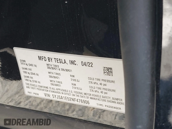 2022 Tesla Model S with VIN 5YJSA1E52NF476906, listed as a IAAI auction lot 41320074 with Not Provided miles and . Bid and sale history available at DreamBid. Image 9.