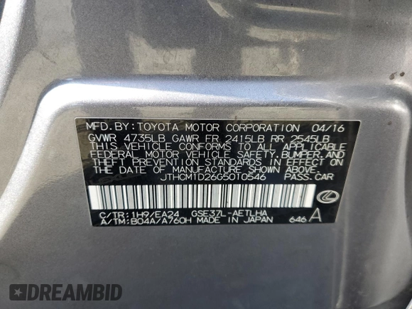 2016 Lexus IS 300/350 with VIN JTHCM1D26G5010546, listed as a Copart auction lot 51065005 with 89,886 mi miles and Salvage title. Bid and sale history available at DreamBid. Image 12.