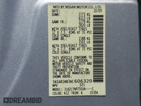 2010 Nissan Pathfinder LE with VIN 5N1AR1NB3AC606320, listed as a IAAI auction lot 42477889 with 67,686 mi miles and . Bid and sale history available at DreamBid. Image 9.