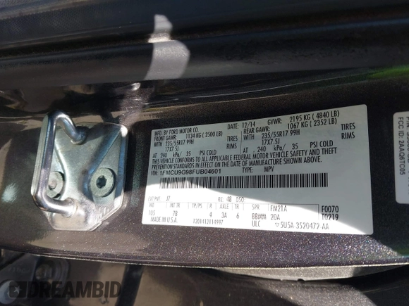 2015 Ford Escape SE with VIN 1FMCU9G98FUB04601, listed as a IAAI auction lot 42020737 with 176,487 mi miles and . Bid and sale history available at DreamBid. Image 9.