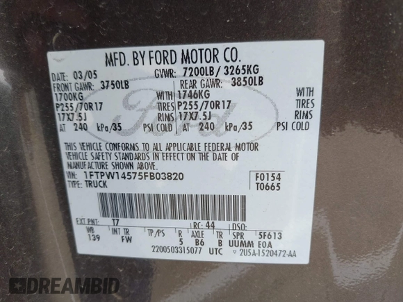 2005 Ford F-150 XLT с VIN 1FTPW14575FB03820, выставлен на аукционе IAAI как лот 42567662 с пробегом 210 425 миль миль и . История ставок и продаж доступна на DreamBid. Изображение 9.
