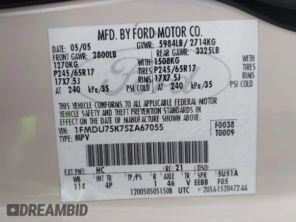 2005 Ford Explorer Limited with VIN 1FMDU75K75ZA67055, listed as a IAAI auction lot 41526428 with 128,335 mi miles and . Bid and sale history available at DreamBid. Image 9.