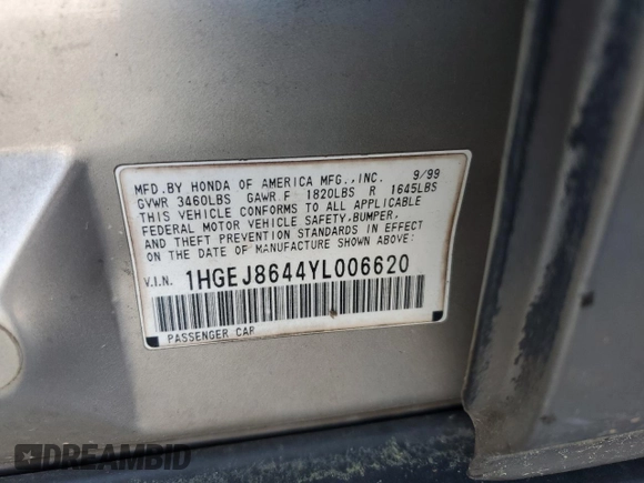 2000 Honda Civic EX z VIN 1HGEJ8644YL006620, wystawiony jako Copart lot #53127955 z przebiegiem 218 099 mil mil oraz Szkoda całkowita • Salvage title. Historia ofert i sprzedaży dostępna na DreamBid. Obrazek 12.
