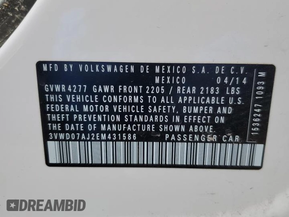 2014 Volkswagen Jetta Sedan SE w/Connectivity with VIN 3VWD07AJ2EM431586, listed as a Copart auction lot 48257215 with 75,418 mi miles and Salvage Title. Bid and sale history available at carsss.com. Image 14.