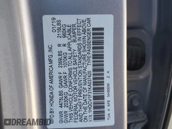 2019 Honda Accord Sport with VIN 1HGCV1F31KA037420, listed as a Copart auction lot 52196235 with 172,057 mi miles and Clean Title. Bid and sale history available at DreamBid. Image 12.