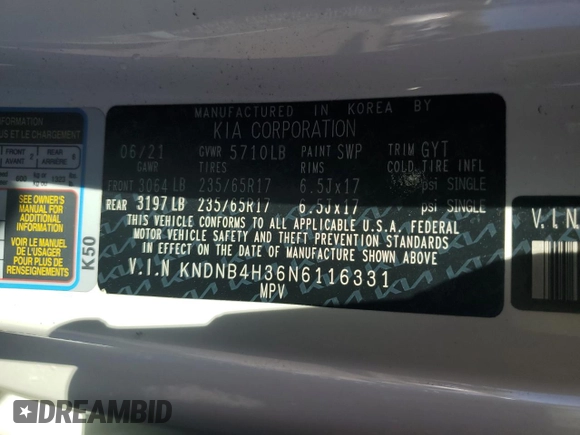 2022 Kia Carnival LXS with VIN KNDNB4H36N6116331, listed as a Copart auction lot 73031854 with 49,154 mi miles and Salvage Title. Bid and sale history available at carsss.com. Image 14.