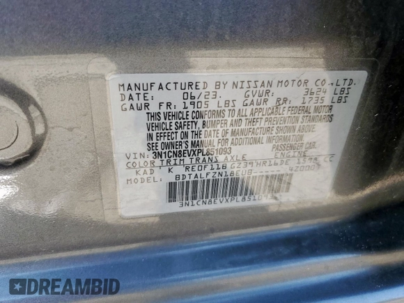 2023 Nissan Versa SV with VIN 3N1CN8EVXPL851093, listed as a Copart auction lot 64483785 with 22,815 mi miles and Clean title. Bid and sale history available at DreamBid. Image 13.