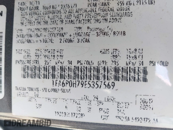 2014 Ford Fusion SE with VIN 1FA6P0H79E5357569, listed as a IAAI auction lot 42088928 with 255,498 mi miles and . Bid and sale history available at DreamBid. Image 9.