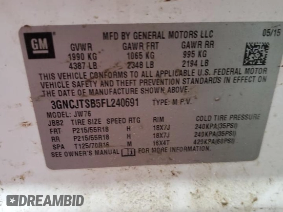 2015 Chevrolet Trax LTZ with VIN 3GNCJTSB5FL240691, listed as a Copart auction lot 43467825 with 140,903 mi miles and Salvage Title. Bid and sale history available at carsss.com. Image 13.