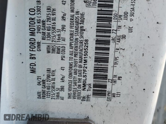 2021 Ford Transit Connect XLT z VIN NM0LS7F21M1505258, wystawiony jako Copart lot #58965135 z przebiegiem Nie podano mil oraz Nie do naprawy • Non repairable. Historia ofert i sprzedaży dostępna na DreamBid. Obrazek 13.