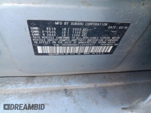 2018 Subaru Legacy with VIN 4S3BNAB67J3036947, listed as a Copart auction lot 49056925 with 0 mi miles and Salvage Title. Bid and sale history available at carsss.com. Image 12.