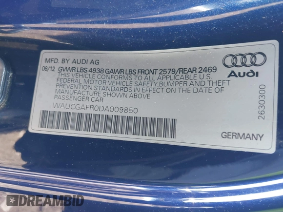 2013 Audi S5 Premium Plus with VIN WAUCGAFR0DA009850, listed as a IAAI auction lot 41351774 with 117,992 mi miles. Bid and sale history available at carsss.com. Image 8.
