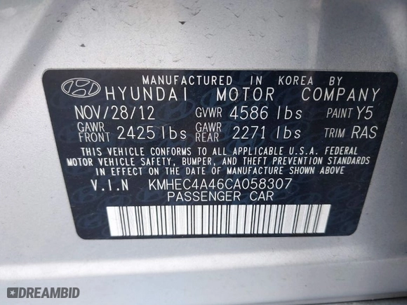 2012 Hyundai Sonata Hybrid with VIN KMHEC4A46CA058307, listed as a IAAI auction lot 41814432 with 140,355 mi miles. Bid and sale history available at carsss.com. Image 9.
