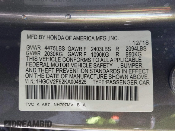 2019 Honda Accord Touring with VIN 1HGCV2F92KA004825, listed as a IAAI auction lot 41974555 with 74,464 mi miles and . Bid and sale history available at DreamBid. Image 9.