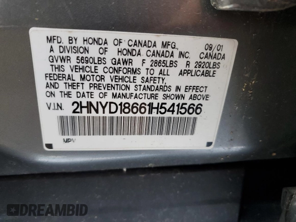 2001 Acura MDX Touring Pkg with VIN 2HNYD18661H541566, listed as a Copart auction lot 37698344 with 189,484 mi miles and Clean Title. Bid and sale history available at carsss.com. Image 13.