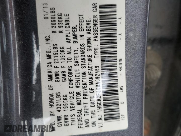 2013 Honda Accord Sport with VIN 1HGCR2F50DA092469, listed as a Copart auction lot 51786354 with 115,403 mi miles and Clean Title. Bid and sale history available at DreamBid. Image 12.