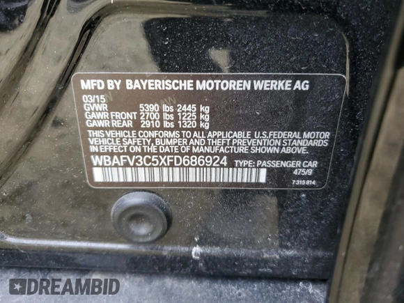 2015 BMW 5 Series 535d xDrive with VIN WBAFV3C5XFD686924, listed as a Copart auction lot 50305025 with Not provided miles and Salvage title. Bid and sale history available at DreamBid. Image 14.
