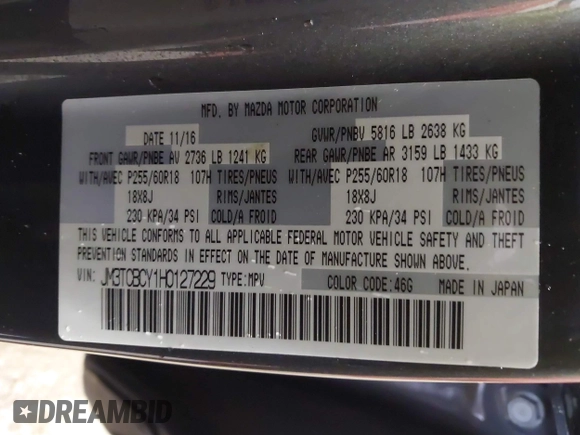 2017 Mazda CX-9 Touring with VIN JM3TCBCY1H0127229, listed as a IAAI auction lot 42320263 with 85,890 mi miles and . Bid and sale history available at DreamBid. Image 9.