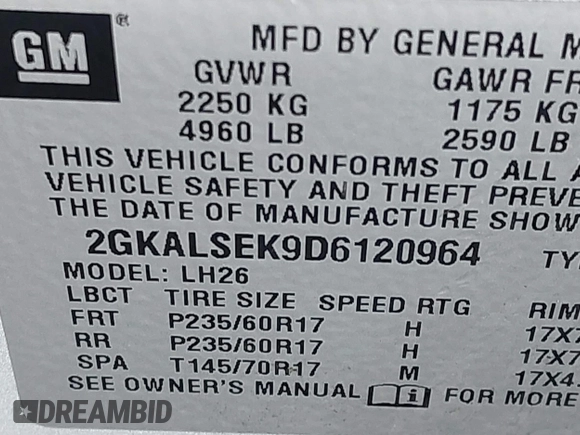 2013 GMC Terrain SLE z VIN 2GKALSEK9D6120964, wystawiony jako IAAI lot #41880269 z przebiegiem 169 579 mil mil oraz . Historia ofert i sprzedaży dostępna na DreamBid. Obrazek 9.