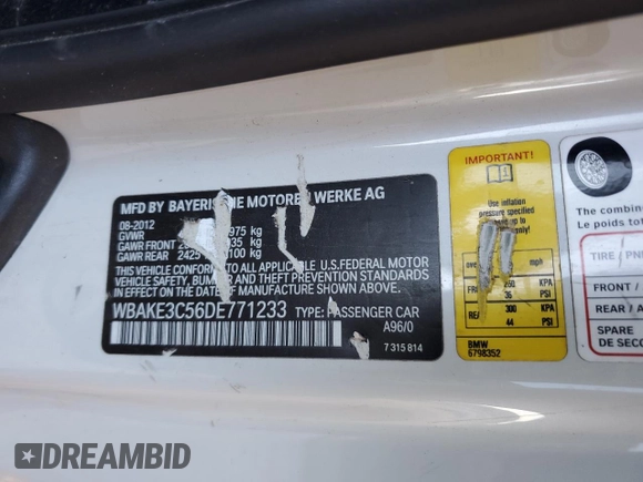 2013 BMW 3 Series 328i with VIN WBAKE3C56DE771233, listed as a Copart auction lot 83909034 with 141,535 mi miles and Salvage Title. Bid and sale history available at DreamBid. Image 15.