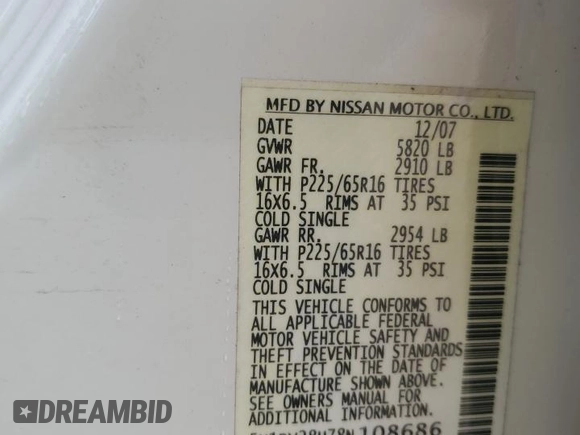 2008 Nissan Quest with VIN 5N1BV28U78N108686, listed as a Copart auction lot 74558294 with 120,697 mi miles and Clean Title. Bid and sale history available at carsss.com. Image 13.
