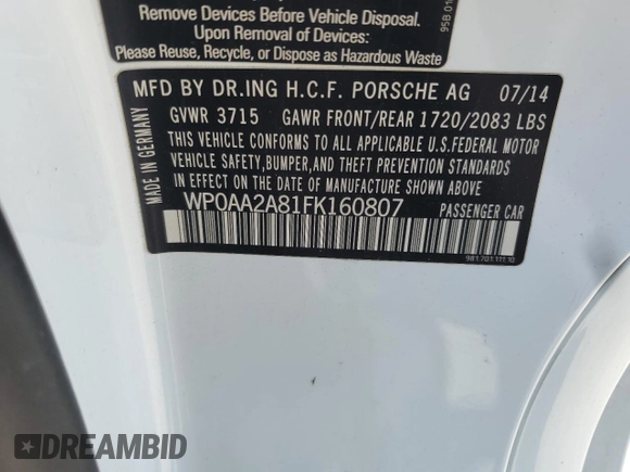 2015 Porsche Cayman with VIN WP0AA2A81FK160807, listed as a Copart auction lot 53611305 with 60,866 mi miles and Salvage Title. Bid and sale history available at DreamBid. Image 13.